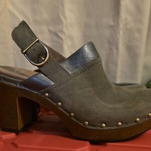 Dansko Gray Leather Mules with Wooden Heel